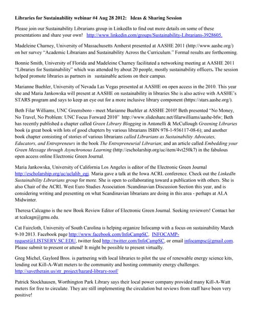 Libraries for sustainability aug 28 2012 sharing notes