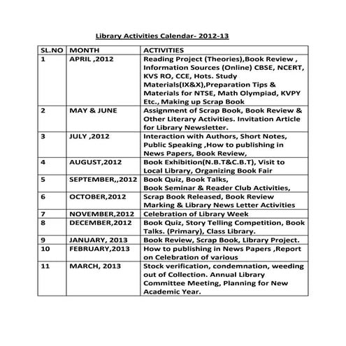 Library activities calender 2012 13