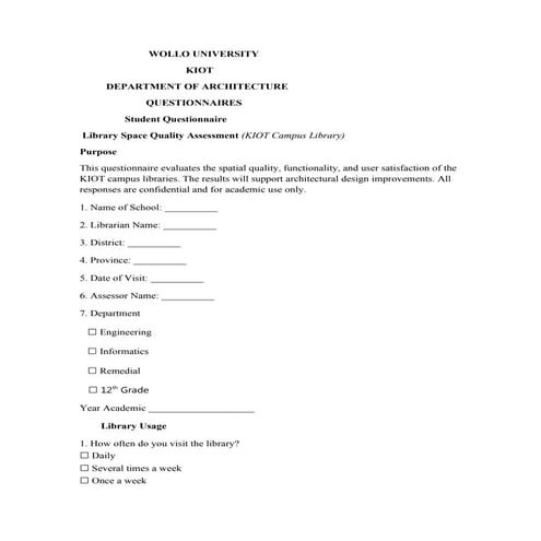 Comprehensive Student Questionnaire for Assessing KIOT Campus Library ...