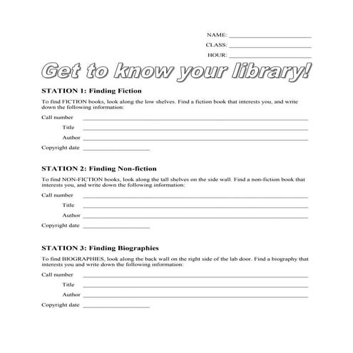 Library Stations Worksheet