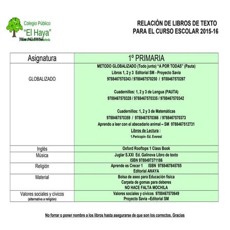 Libros de texto para el curso 15-16 CEIP El Haya