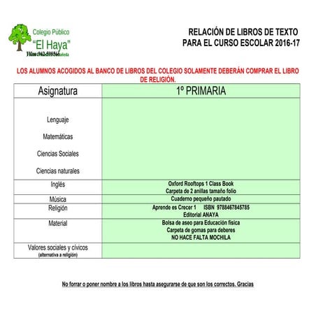 Relación de material escolar y libros de texto curso 2016/2017