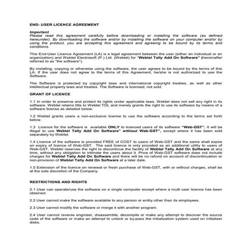 Licence agreement webtel tally add on