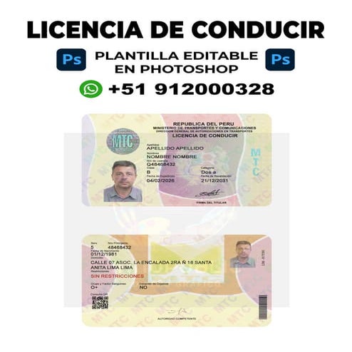 Licencia de Conducir Moto Plantilla editable en Photoshop