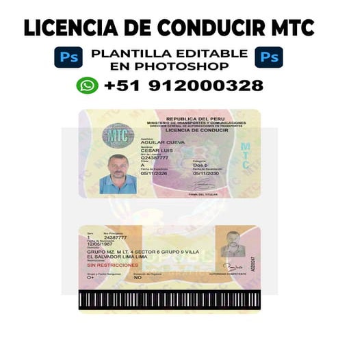 Licencia de Conducir MTC Plantilla editable en Photoshop