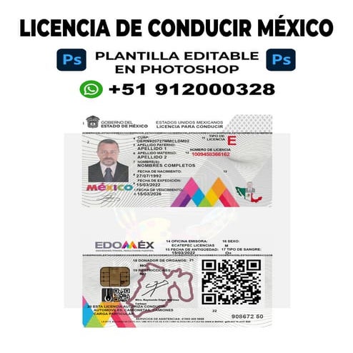 Licencia de Conducir México Plantilla editable en Photoshop