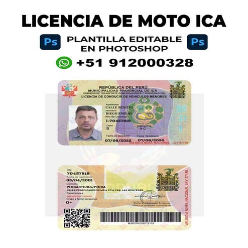 Licencia de Conducir Moto Ica Plantilla editable en Photoshop
