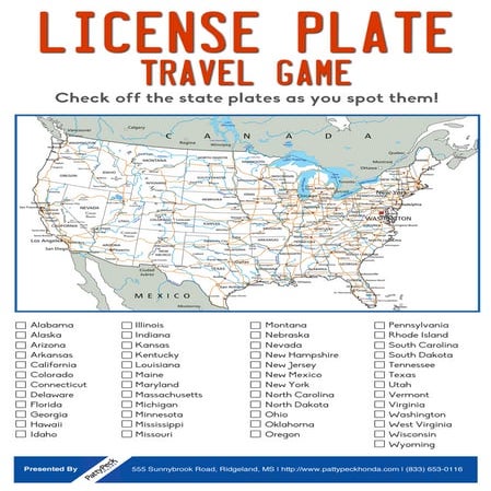 Printable License Plate Travel Game | Patty Peck Honda
