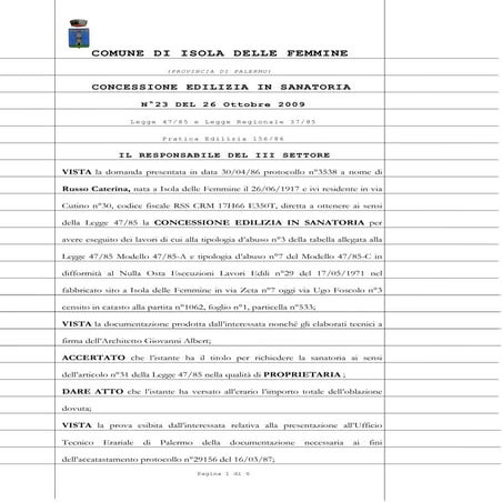 Licenza edilizia in sanatoria 2009 bruno giuseppe e rosario  ces n.23 del 26 ...