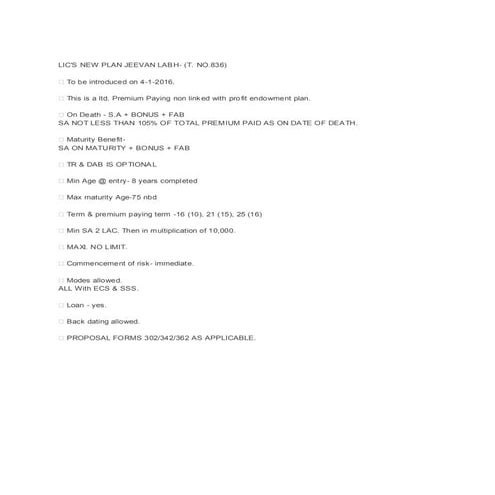 Lic new endowment plan jeevan labh table no 836 premium payment table