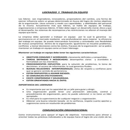 Liderazgo  Y  Trabajo En Equipo