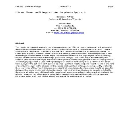 Life and Quantum Biology