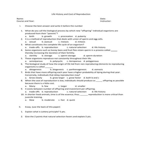 Life history & cost quiz 