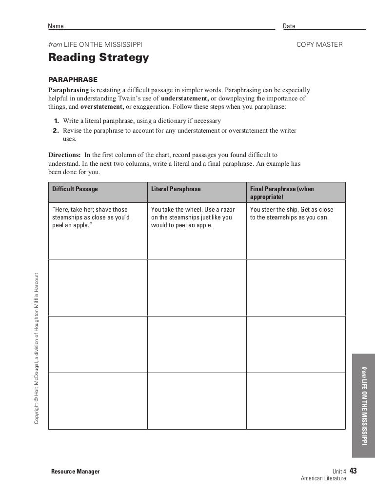 Worksheets Paraphrase Worksheet life on the mississipp paraphrasing worksheet