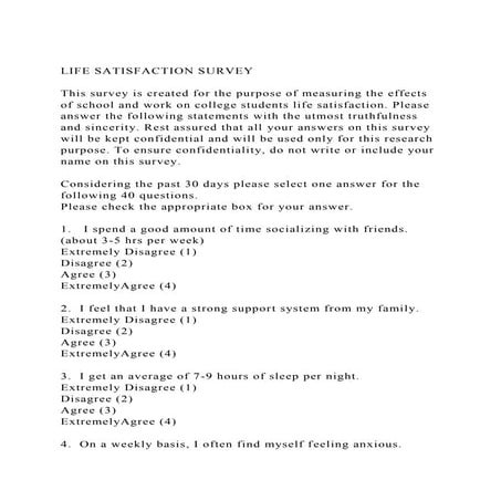 LIFE SATISFACTION SURVEY This survey is created for the purpos.docx
