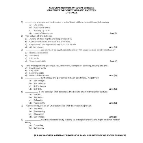 Life skills objective type question and answers | PDF