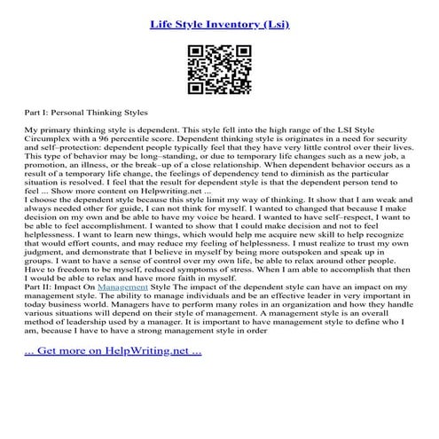 Life Style Inventory (Lsi)