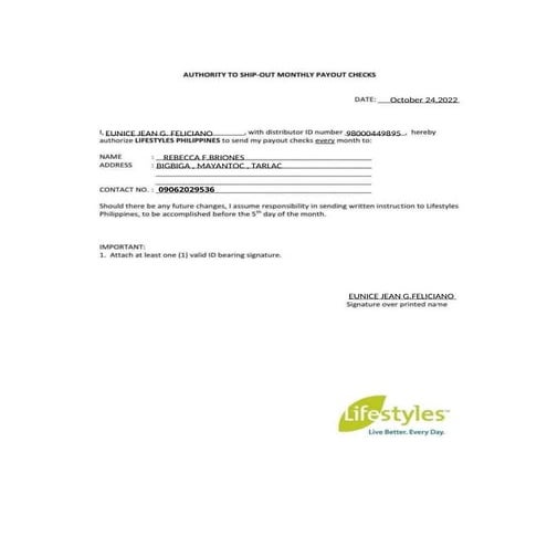 Authorization Letter to used in the transaction of lifestyles products