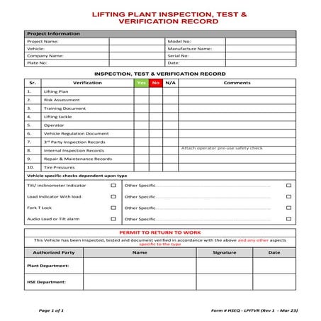 LIFITNG PLAN INSPECTION, TEST & VERIFICATION RECORD Form # HSEQ ...
