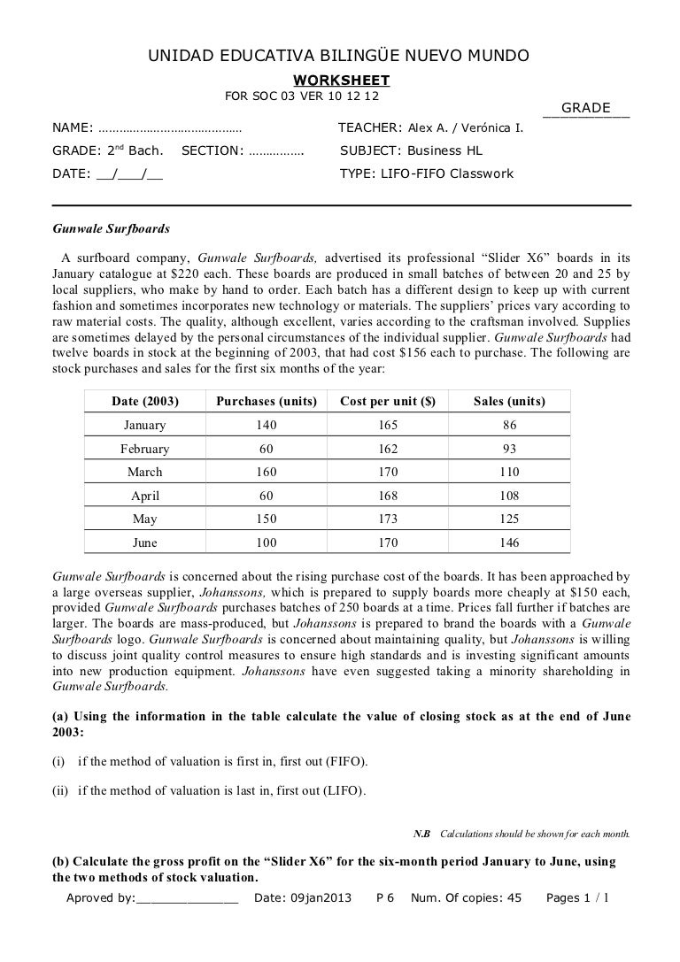 LIFO FIFO Worksheet