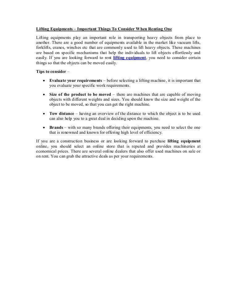 Lifting Equipments Important Things To Consider When Renting One