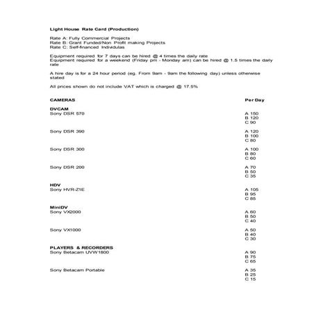 VFX equipment rental rate card | PDF