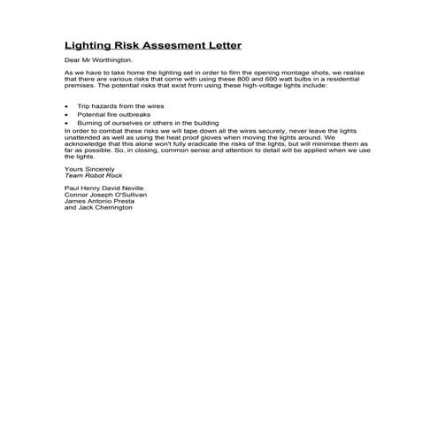 Lighting risk assesment letter | DOC