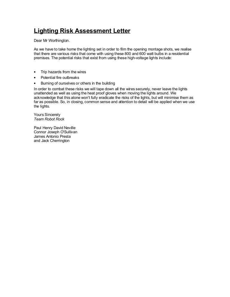 Lighting risk assessment letter