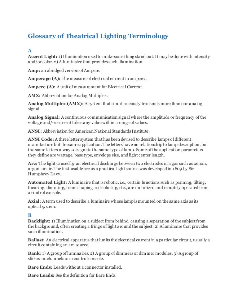 Light and Sound Glossary of theatrical lighting