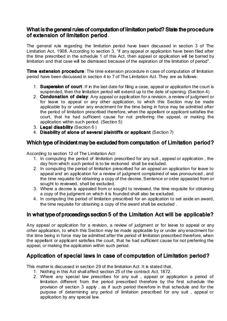 Limitation act. questions