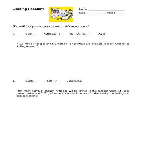 Limiting Reactants Wksht