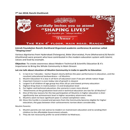 Limrah Foundation Ranchi Jharkhand organized Academic Conference & Seminar ca...