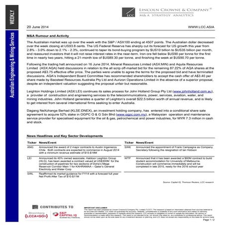 Lincoln Crowne Engineering Mining Services Weekly 20062014