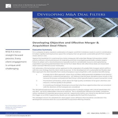 Lincoln crowne merger & acquisition deal filters 2011 note