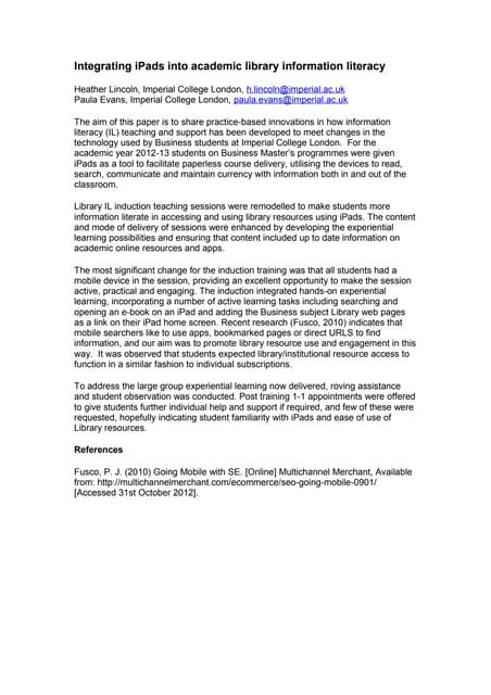 Lincoln & Evans - Integrating iPads into academic library information literac...