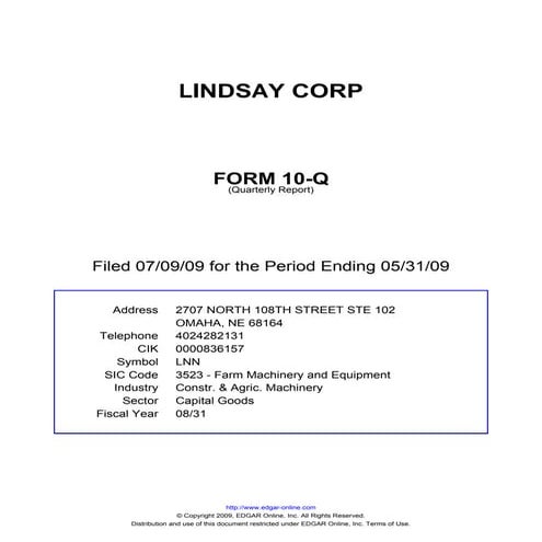 Q2 2009 Earning Report of Lindsay Corporation