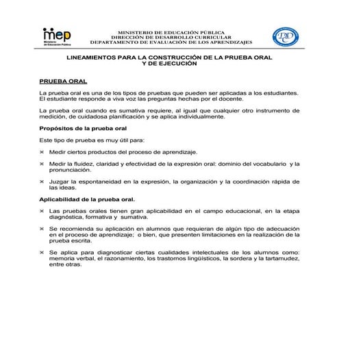 Lineamientos para las pruebas orales y de ejecución 