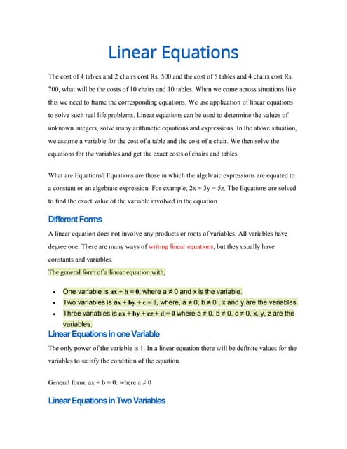 CLASS 9 LINEAR EQUATIONS IN TWO VARIABLES PPT | PPT
