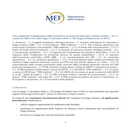 Linee guida MEF sui P.I.R.