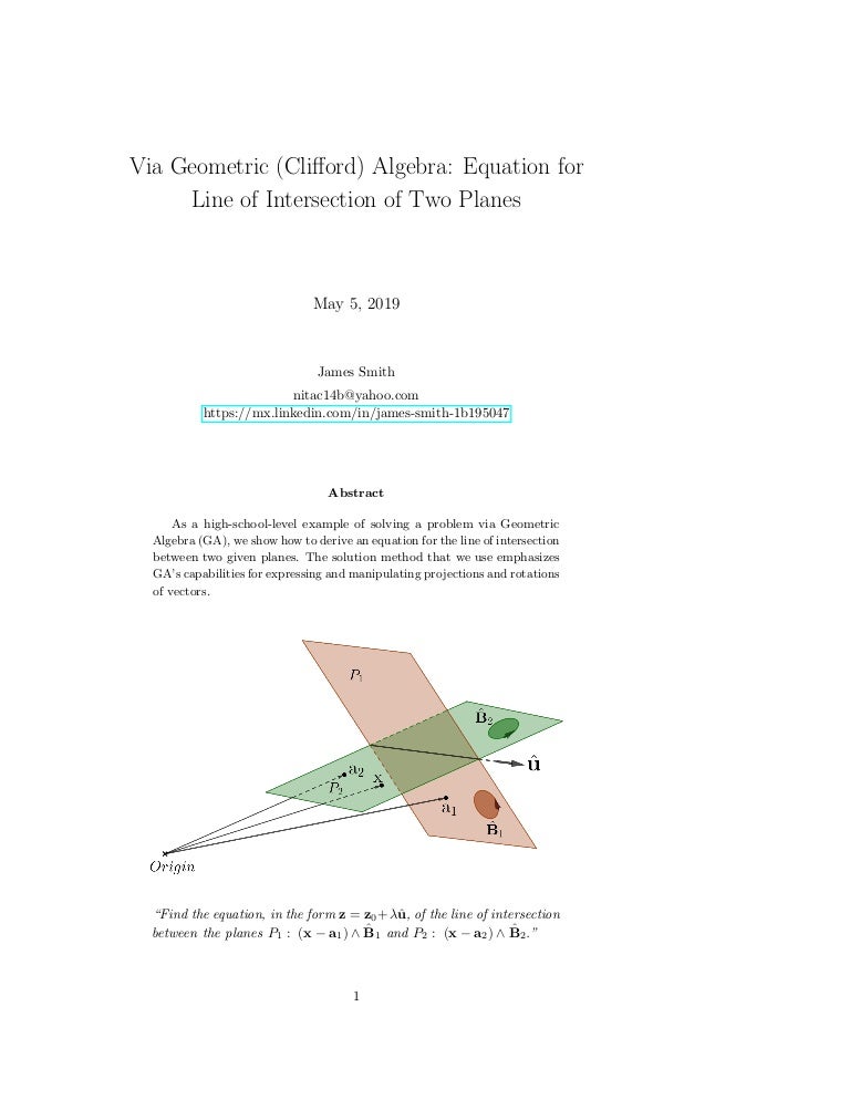 Via Geometric Clifford Algebra Equation For Line Of Intersection O