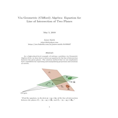 Via Geometric (Clifford) Algebra: Equation for Line of Intersection of Two Pl...