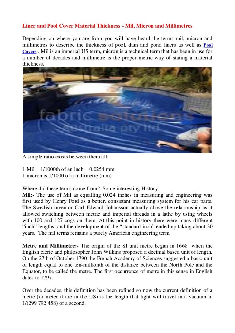 Liner and Pool Cover material thickness mil, micron and millimetres