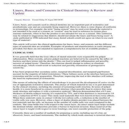 Liners, bases, and cements in clinical dentistry a review and update