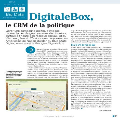 Article dans L'informaticien décembre 2015 : DigitaleBox le crm de la politique