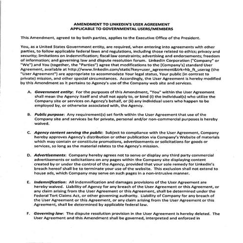 Amendment to LinkedIn User Agreement