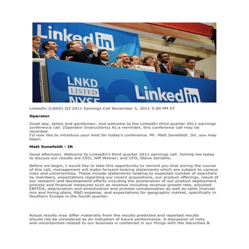 Linked (MYSE:LNKD) Q3 2011 Earnings Call, November 3, 2011