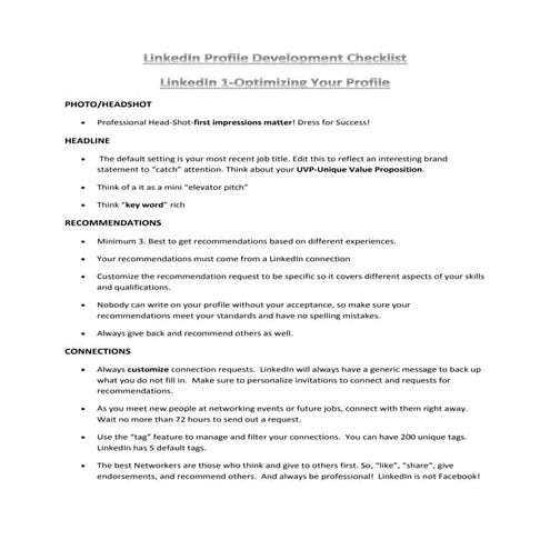 LinkedIn Profile Development Checklist