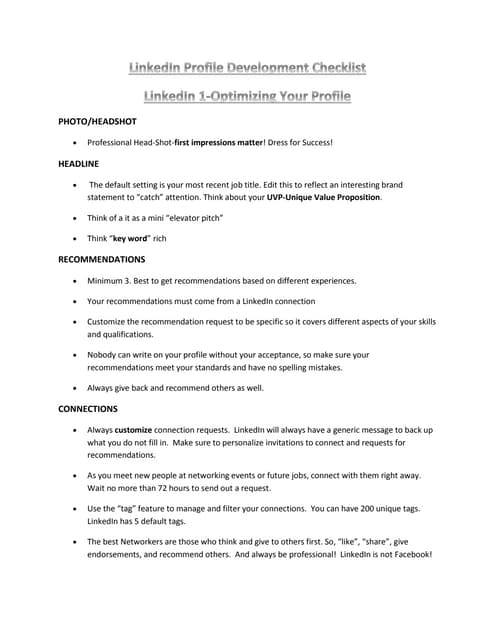 LinkedIn Profile Development Checklist