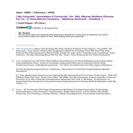 Linkedin web site  for entertainment pro fessional  about its  skills and exp...