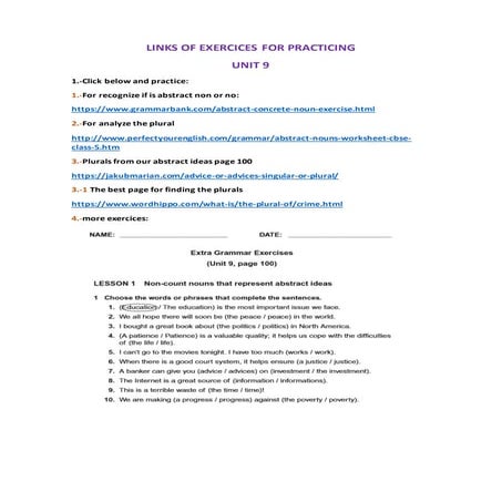 Links of exercices for practicing unit 9 | DOCX